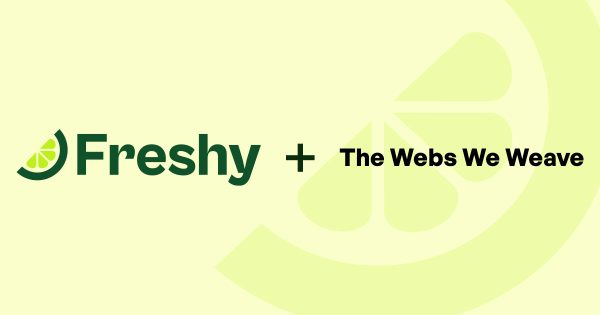 Logo showing 'Freshy' wordmark with a lime slice icon on the left, plus sign, and 'The Webs Weave' text on a pale yellow background.