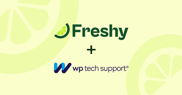 Banner showing Freshy and WP Tech Support logos with a plus sign, indicating a partnership on a pale yellow background.