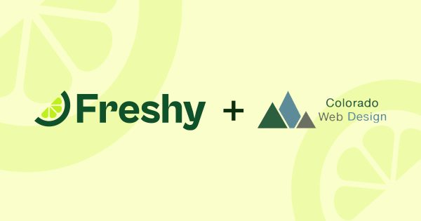 Brand banner: Freshy logo with lime wedge plus Colorado Web Design logo on a pale yellow background with lime slice motifs.