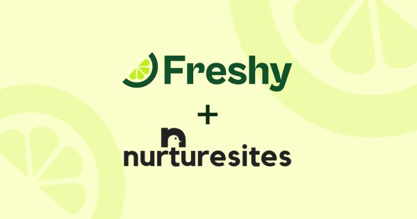 Partnership graphic showing Freshy logo + nurturesites logo on a pale yellow background with lime motifs