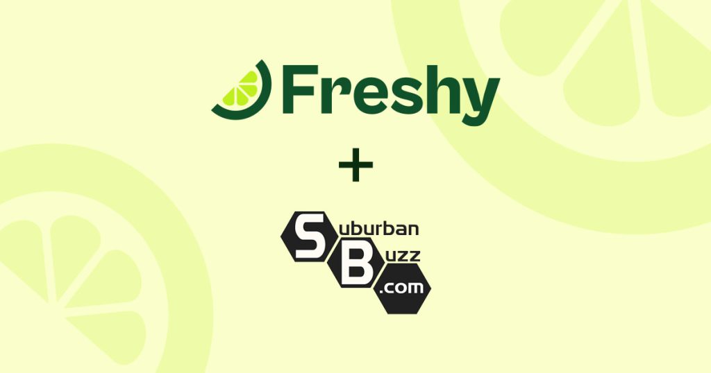 Logo collage of Freshy and SuburbanBuzz.com separated by a plus sign on a pale yellow background, indicating a collaboration or partnership with lime-green accents in Freshy logo.