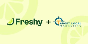 Freshy logo with a lime slice icon, a plus sign, and the Target Local Marketing logo on a light yellow background, indicating a partnership.