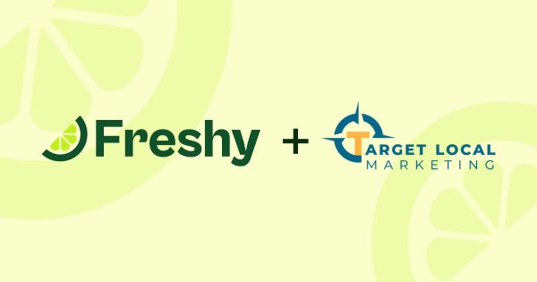 Freshy logo with a lime slice icon, a plus sign, and the Target Local Marketing logo on a light yellow background, indicating a partnership.