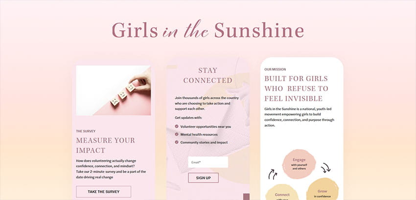Hero banner reading 'Girls in the Sunshine' with three pink panels about taking a survey, staying connected, and empowering girls.