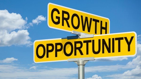 Yellow street signs intersecting read 'GROWTH' and 'OPPORTUNITY' against a blue sky, suggesting business growth.