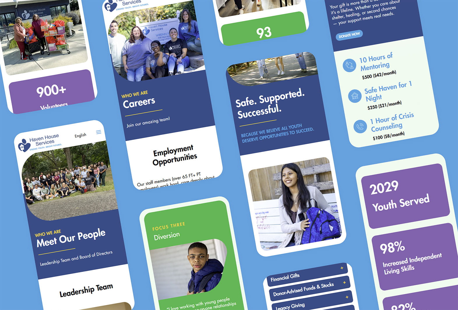 Collage of colorful service cards for Haven House Services showing volunteers, team photos, and program offerings on a blue background.