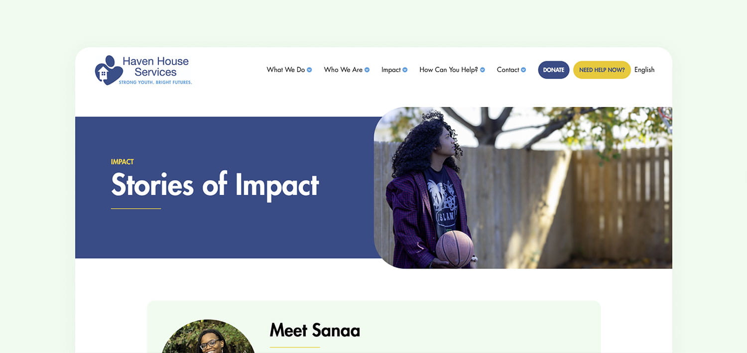 Haven House Services hero banner with the title 'Stories of Impact' on a blue panel and a photo of a young person with a basketball on the right.