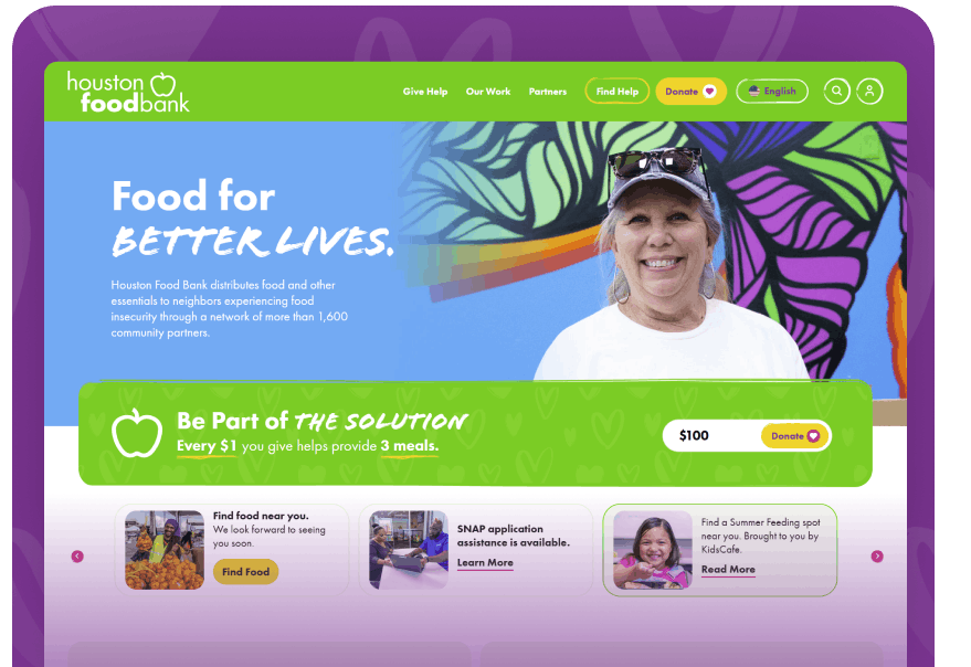 Hero banner for Houston Food Bank: smiling woman in front of a colorful mural, with the headline 'Food for BETTER LIVES' and a green donor banner.
