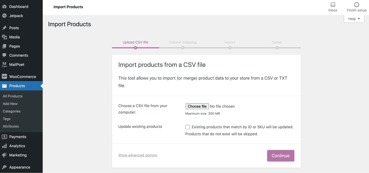 Screen showing import products from a CSV file