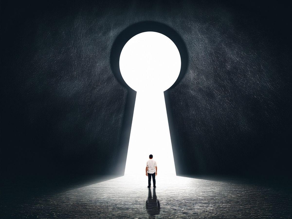 A person stands before a large glowing keyhole-shaped doorway in a dark wall, light flooding the floor.
