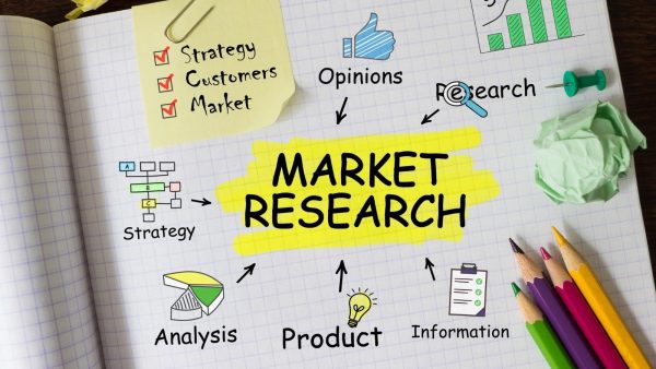 Centered illustration of MARKET RESEARCH with labels like Strategy, Customers, Market, Opinions, Research, Analysis, Product, Information around it.