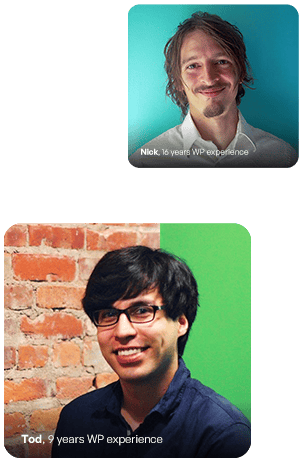 Portrait of Nick with a teal background; caption reads 'Nick, 16 years WP experience'