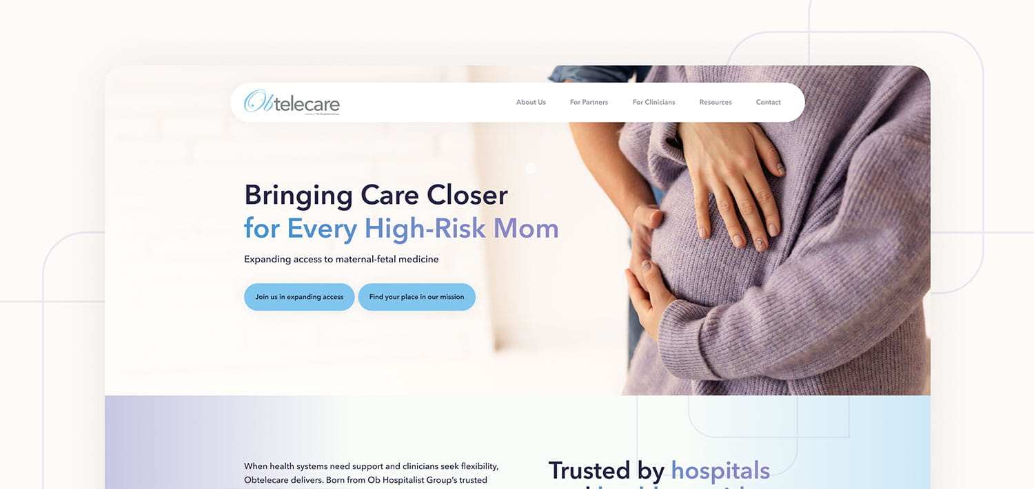 Homepage hero: pregnant woman on the right with bold headline about care for high‑risk moms and blue call-to-action buttons, on a healthcare site.