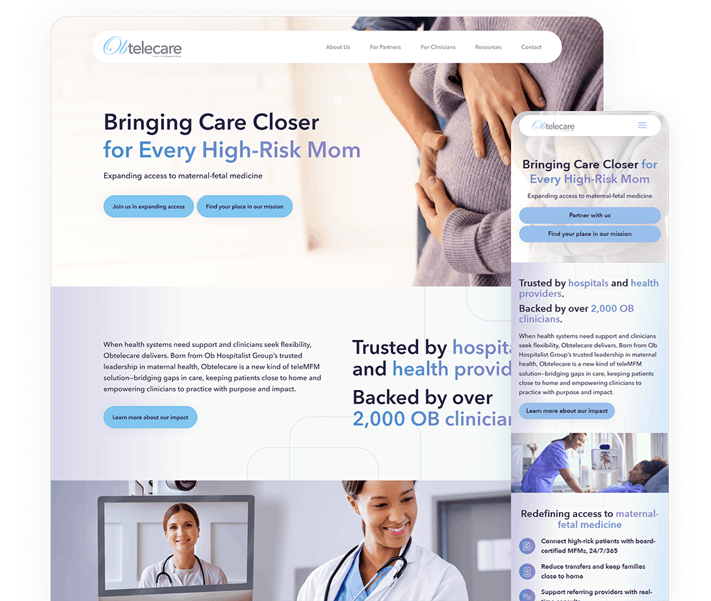 Hero image of a telecare website promoting care for high-risk moms, with responsive layouts on desktop and mobile screens.