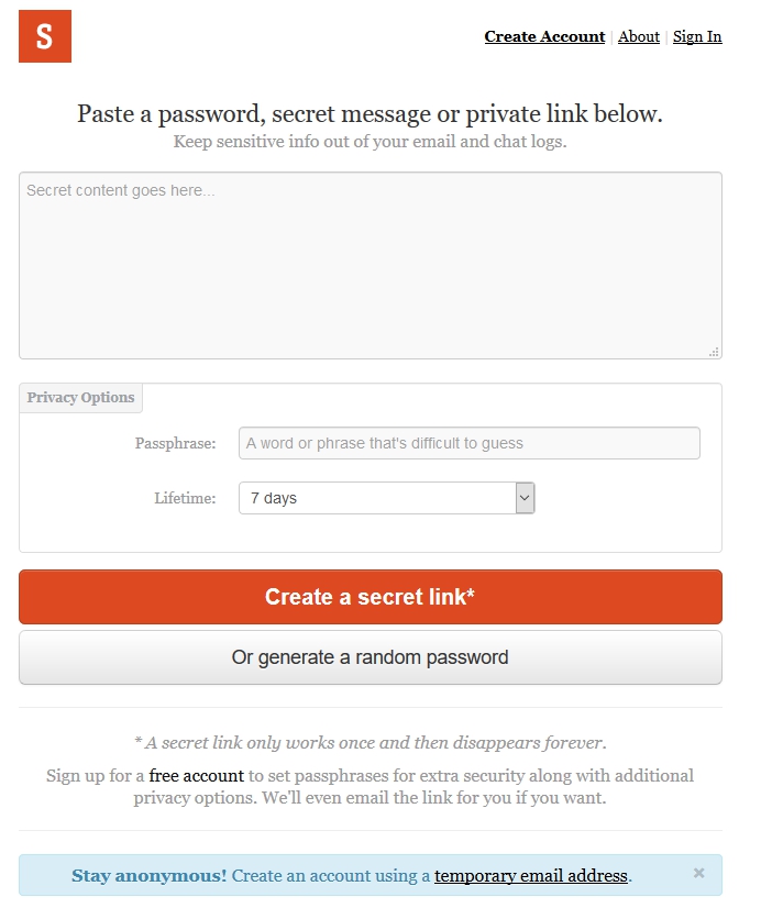 Send passwords securely with onetimesecret.com