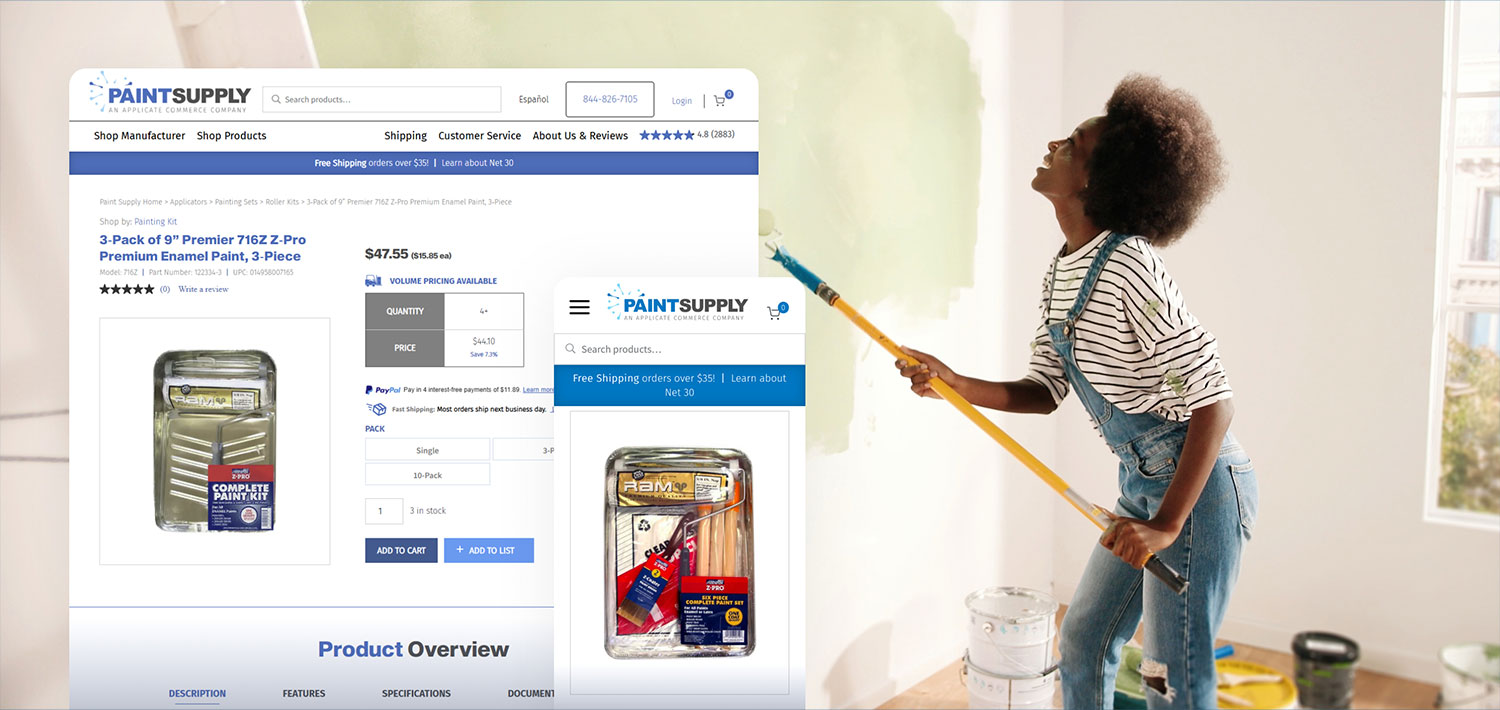 paint supply desktop and mobile mockup and woman painting wall