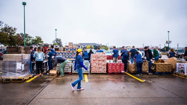 Volunteers in a parking lot stacking and sorting food boxes for a charity drive beside pallets and wrapped pallets of supplies.