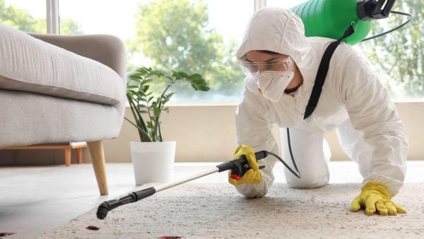Person in a white hazmat suit, goggles, and yellow gloves kneels on a carpet, using a spray wand from a green backpack sprayer to clean a rug in a living room.