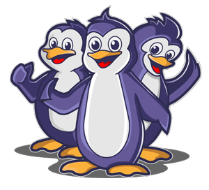 Drawing of three purple penguins