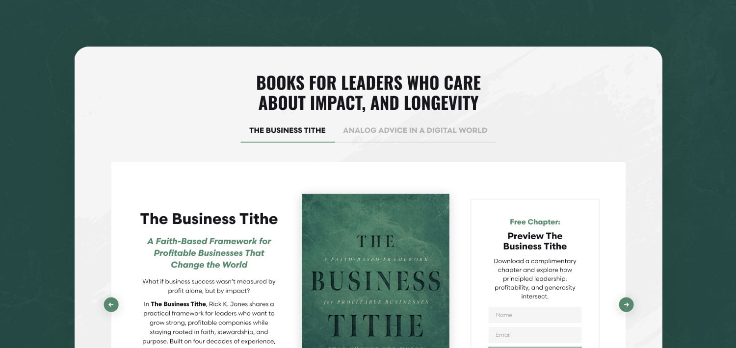 Hero banner: white rounded panel on a dark green background with the title 'Books for leaders who care about impact, and longevity' and a three-panel book layout.
