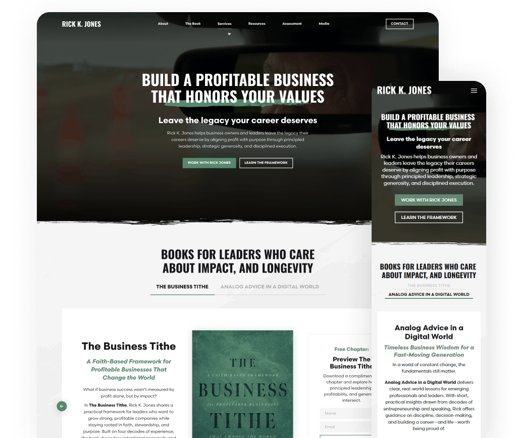 Hero section of a business site: bold headline about building a profitable, values-driven company with two call-to-action buttons and a navigation bar above central text.