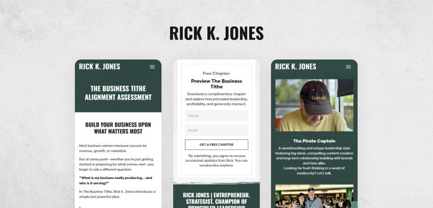 Rick K. Jones branding with three smartphone mockups showing different pages of the site under the title at top.
