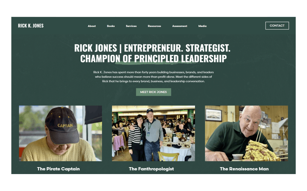 Hero section for Rick K. Jones site with navigation bar and bold headline, featuring three portrait cards: The Pirate Captain, The Fanthropologist, and The Renaissance Man.
