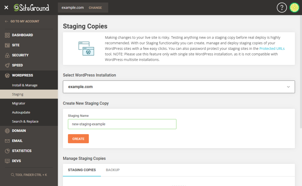 screenshot showing SiteGround WordPress staging settings
