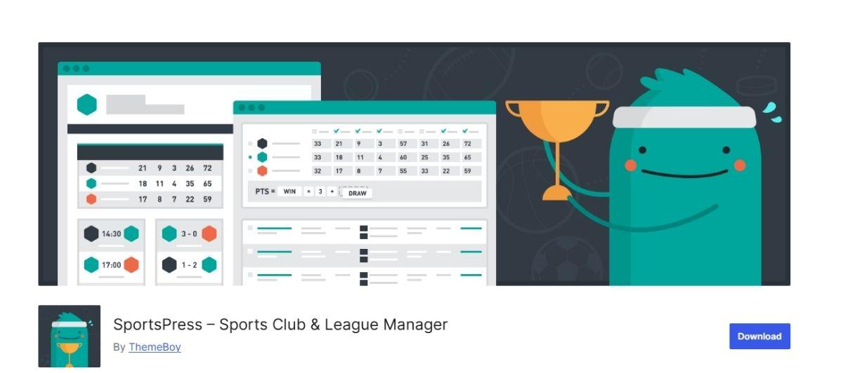 Cartoon teal mascot with a headband holding a gold trophy beside a sporty analytics dashboard.