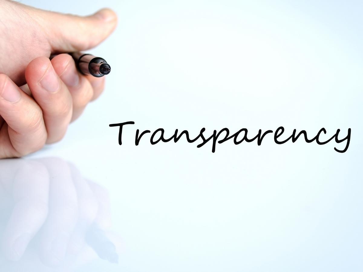 Close-up of a hand holding a marker and writing the word 'Transparency' on a light surface (glass/board).