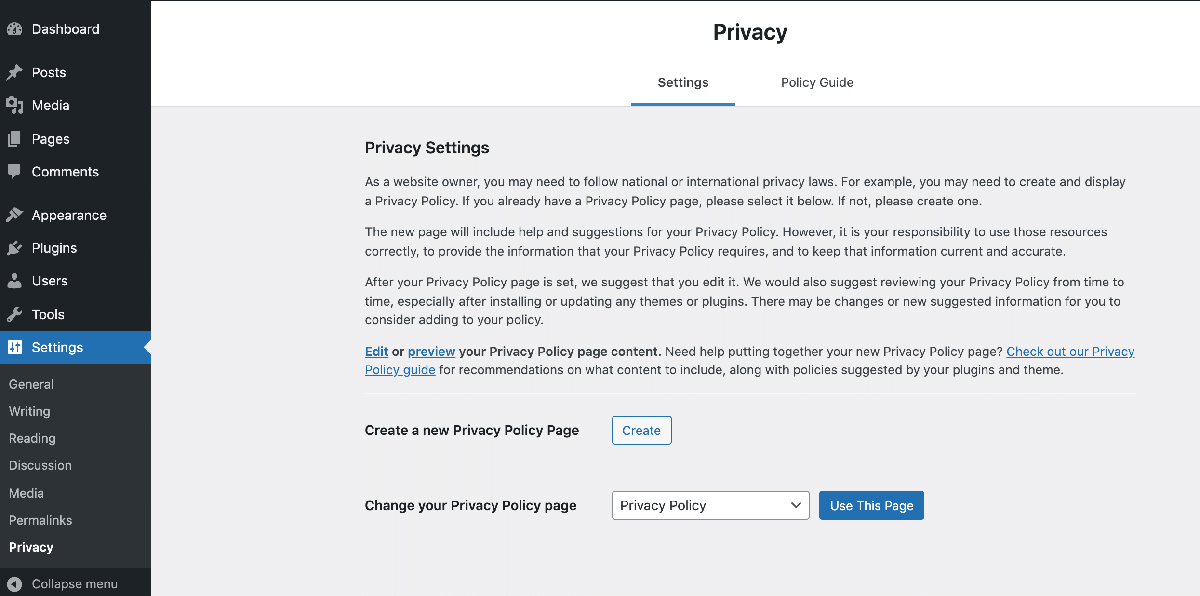 Privacy policy WordPress page