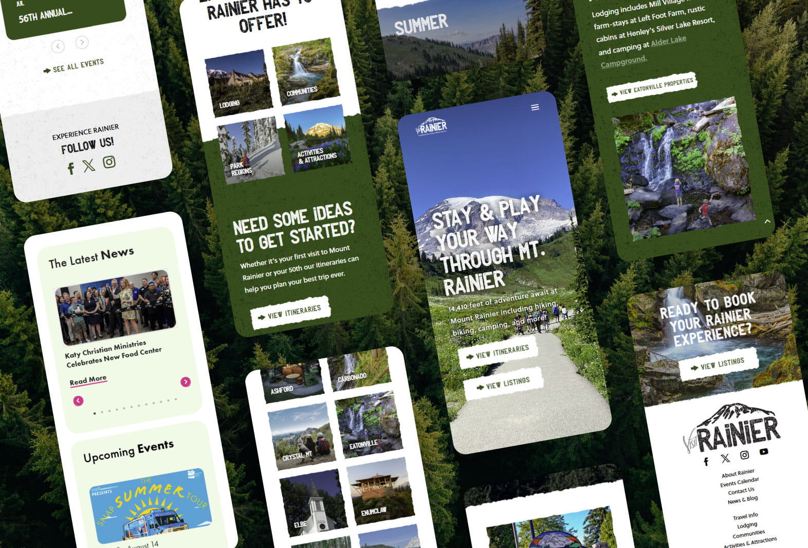 Collage of Rainier travel cards promoting lodging, activities, itineraries, and events over a forest backdrop.