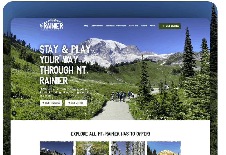Hikers walk a mountain trail with Mt. Rainier in the background on a travel site hero image.