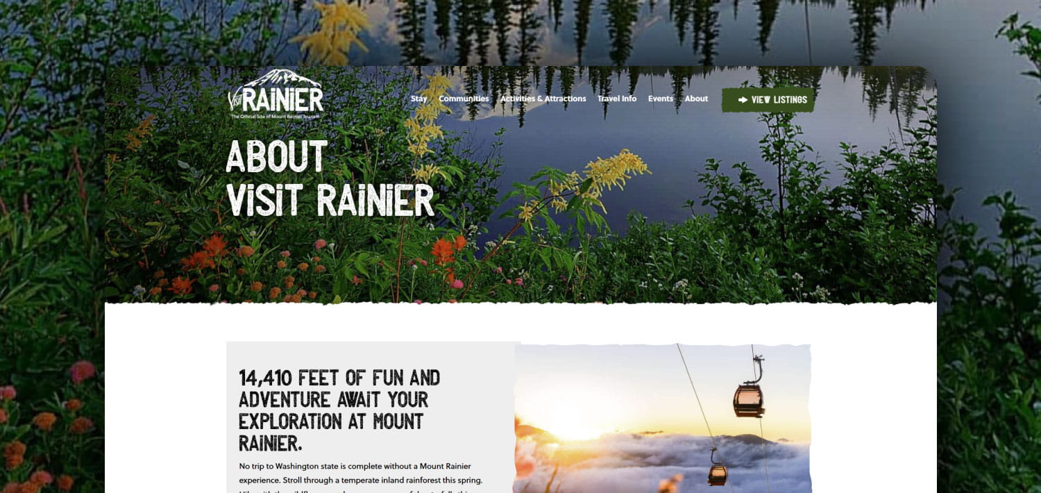 Hero image for Visit Rainier About page featuring lush greenery and a lake with the title 'About Visit Rainier' overlaying the scene