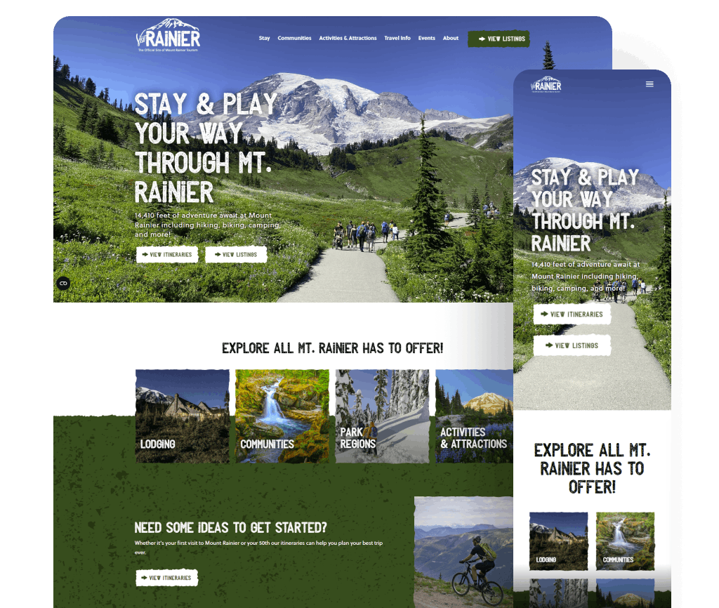 Hero image of Mount Rainier with a trail and hikers, overlaid with 'Stay & Play Your Way Through Mt. Rainier' text and navigation at the top (desktop view).