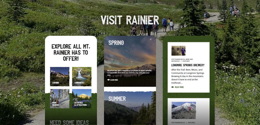 Hero banner for Visit Rainier with three vertical panels: left promoting offerings with small photo tiles, middle showing spring and summer scenic photos, right featuring a brewery post tile and a small image.