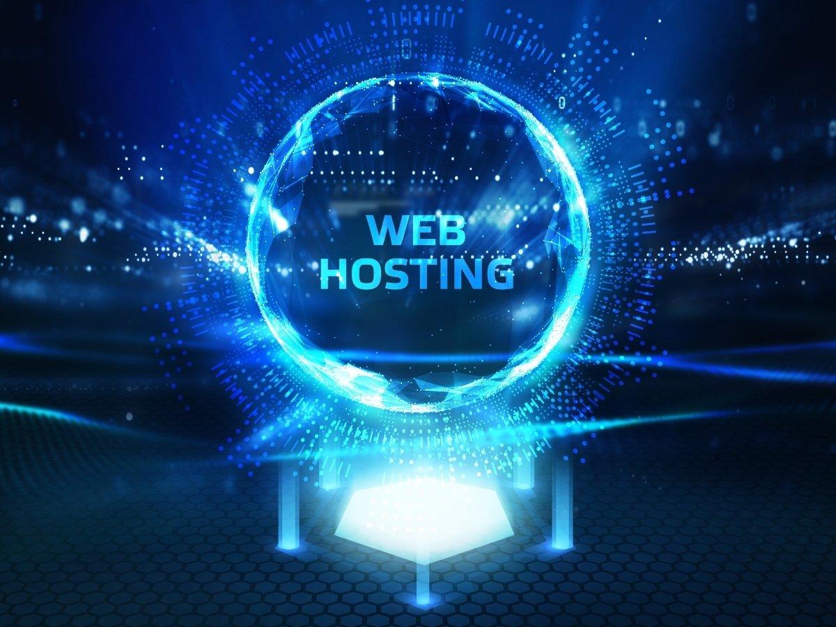 Blue futuristic sphere with 'WEB HOSTING' text and glowing digital rings around it.