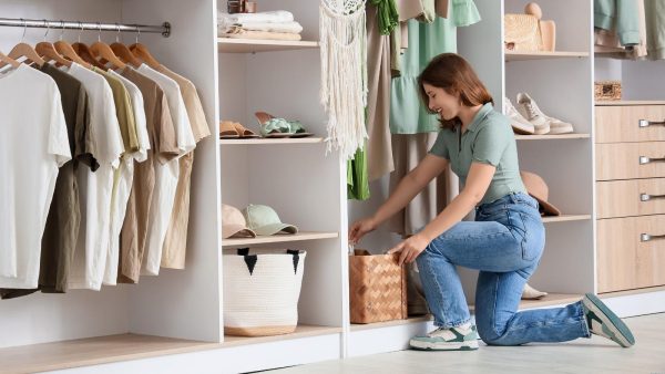 Woman kneeling in a tidy closet, placing items into a woven basket on a shelf beside hats, clothes, and shoes.