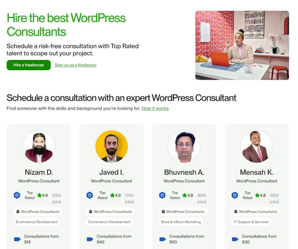 Examples of WordPress design consultants on Upwork