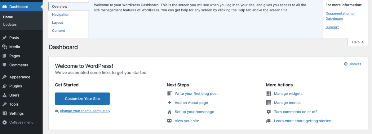 WordPress dashboard overview