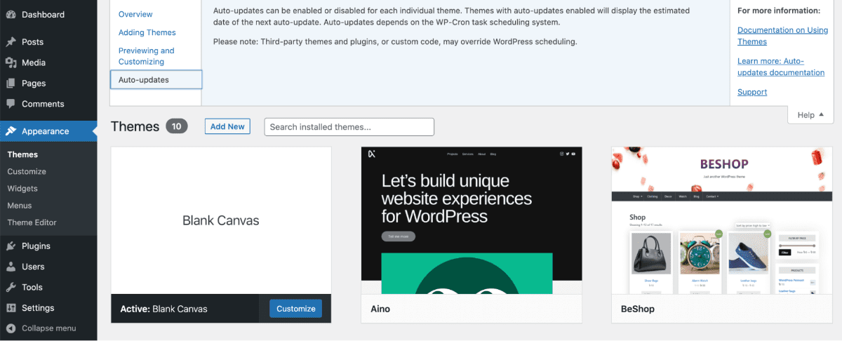 WordPress dashboard theme updates