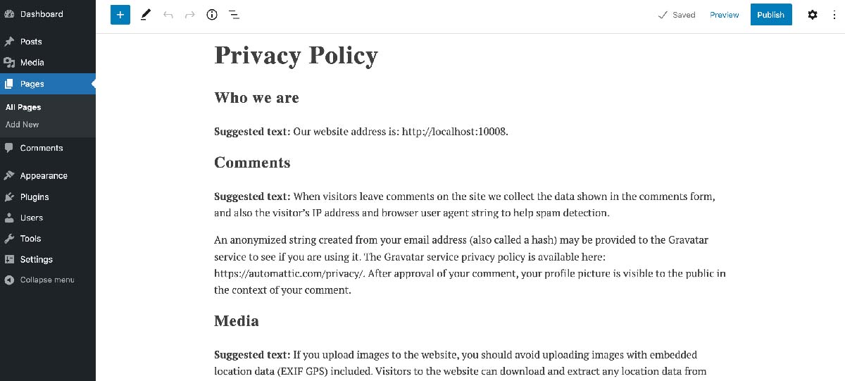 WordPress default privacy policy