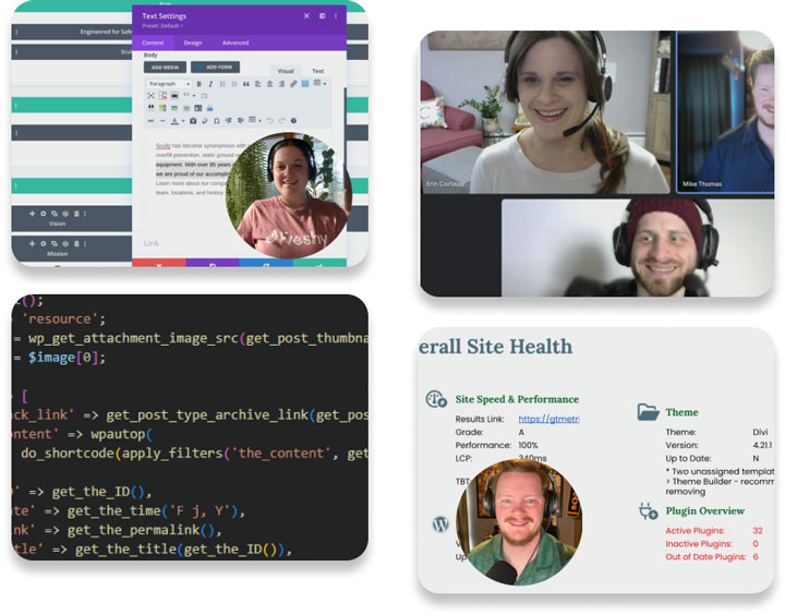 screenshot gallery showing Divi Builder, Google Meet, Site Health, and PHP code