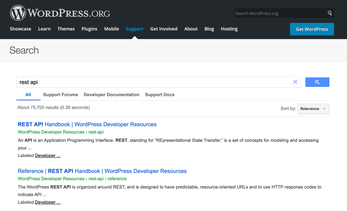 WordPress support search