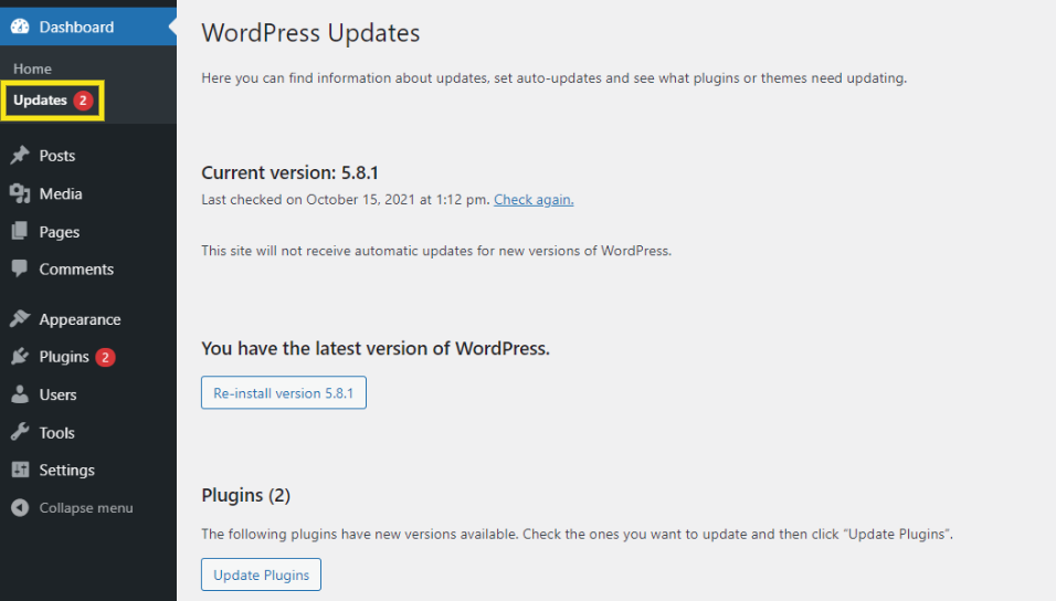 WordPress updates on admin dashboard