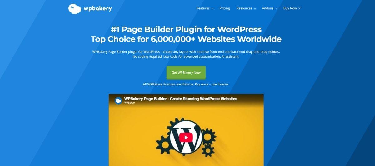 Hero section of the WPBakery homepage: blue diagonal background, white headline declaring it the #1 WordPress page builder for 6,000,000+ sites, with a green Get WPBakery Now button and a video thumbnail below.