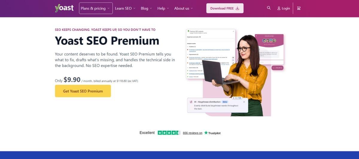 Promo banner for Yoast SEO Premium: woman with laptop beside a yellow Get Yoast SEO Premium button and pricing text .90/month